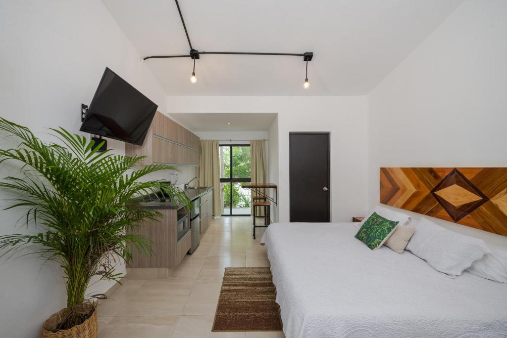 坎昆的住宿－Stay Tropical，一间卧室配有一张大床和一台电视。