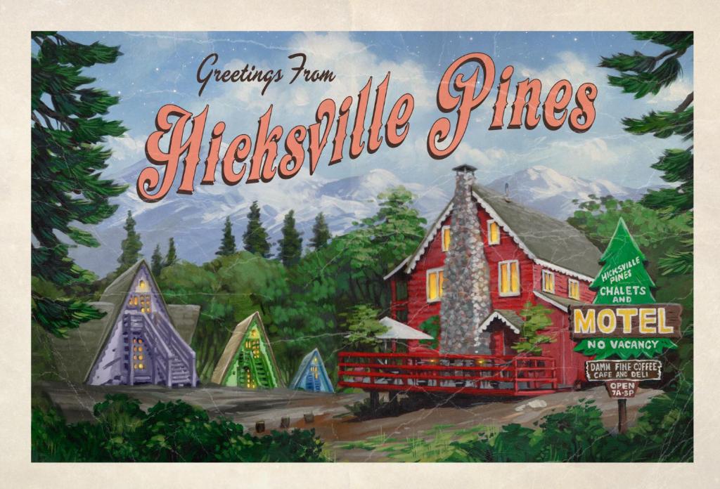 um jogo de tabuleiro com uma casa rústica vermelha e árvores de Natal em Hicksville Pines Chalets & Motel em Idyllwild