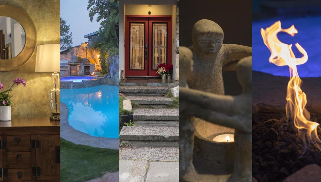 a collage of pictures of a house with a statue at Artistic Resort Like Home with Pool in Fullerton