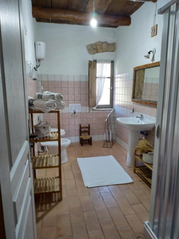 łazienka z umywalką, toaletą i lustrem w obiekcie Domus Antiga Appartamenti w mieście San Giovanni Suèrgiu