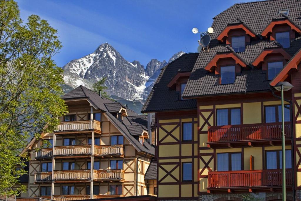 a row of houses in front of a mountain at Boutique Apartment in Kukucka Residences in Tatranská Lomnica