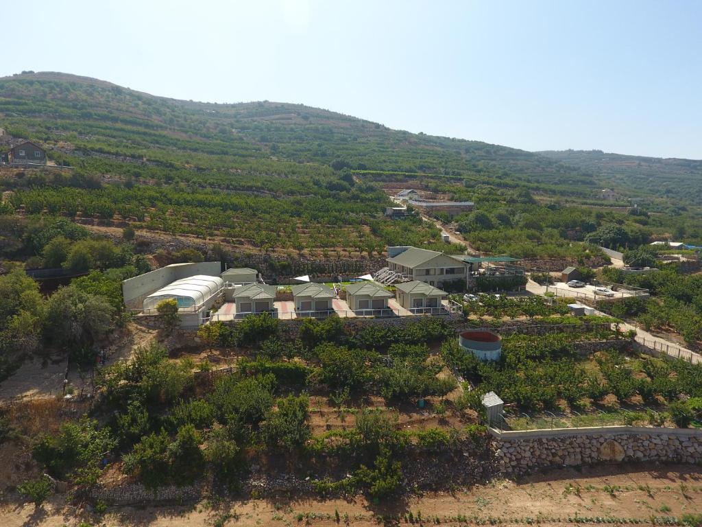 une vue aérienne sur une ferme plantée d'arbres et de buissons dans l'établissement White Suites, à Majdal Shams