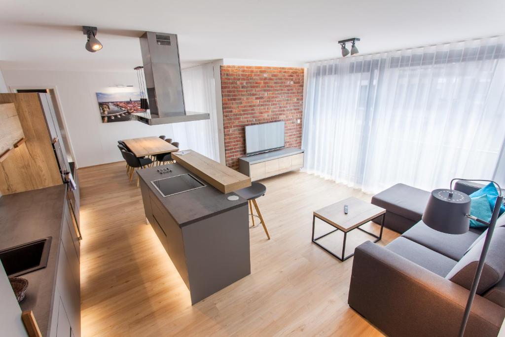 a kitchen and living room with a couch and a table at Marina Apartments Regensburg in Regensburg