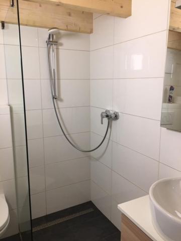 a bathroom with a shower and a sink at Serviced Apartement Sonnleitner in Furth