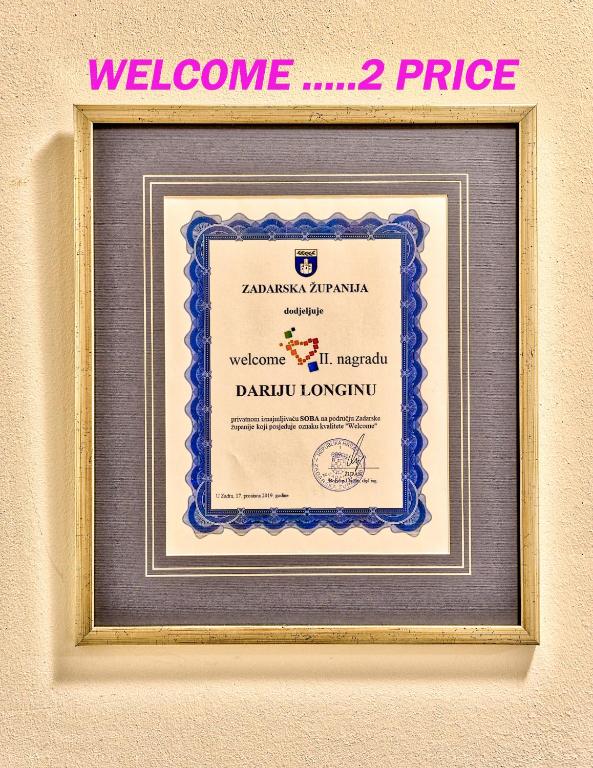 Certifikát, ocenenie alebo iný dokument vystavený v ubytovaní Accomodation Gina