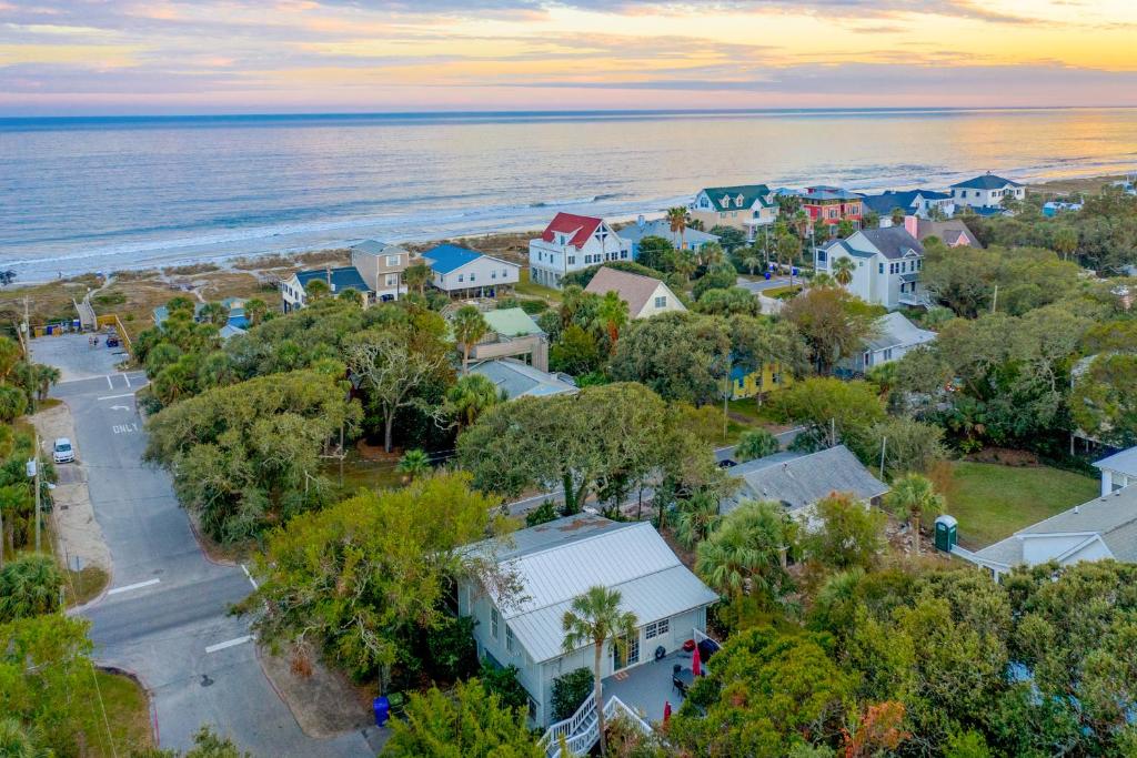 an aerial view of a small town next to the ocean at Sea Salt Cottage in Folly Beach
