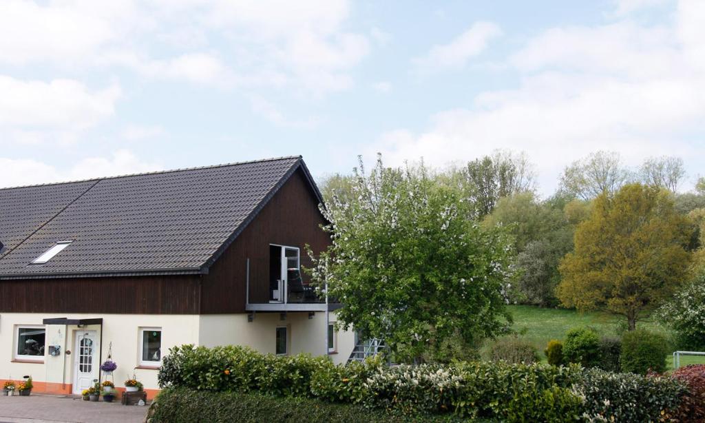 a house with a black roof at Fewo Zufriedenheit in Sehestedt