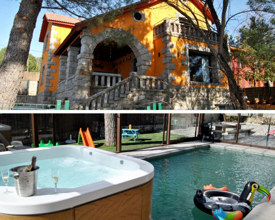 une maison avec une piscine et un canard en caoutchouc dans une baignoire dans l'établissement Casa Rural Mansion Adela con Piscina y Jacuzzi, à Collado Mediano