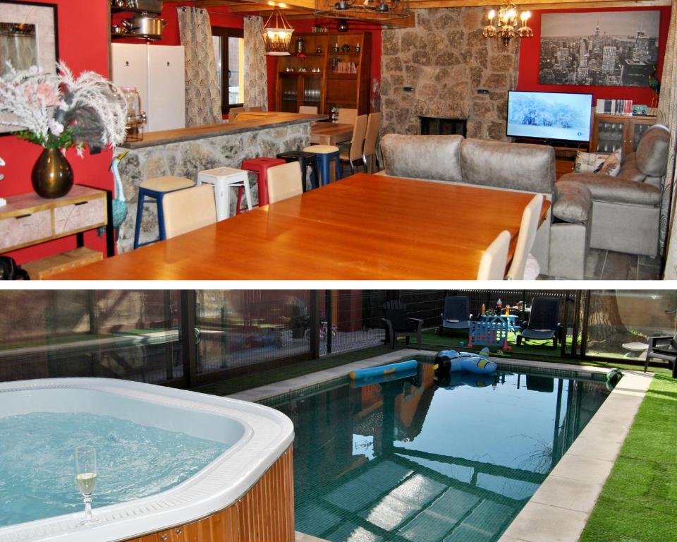 Casa Rural Mansion Alejandra con piscina y jacuzzi في Collado Mediano: منزل مع مسبح في غرفة معيشة
