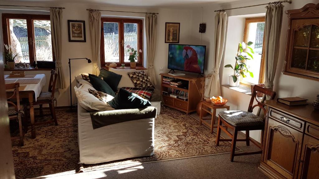 un soggiorno con divano e TV di Chalupa na Šumavě, od soboty do soboty a Nová Ves