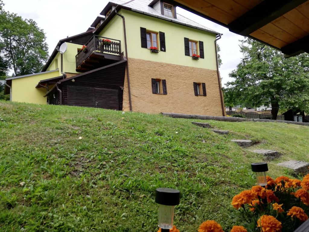 a house on a hill with flowers in front of it at Penzion Ski in Karlova Studánka