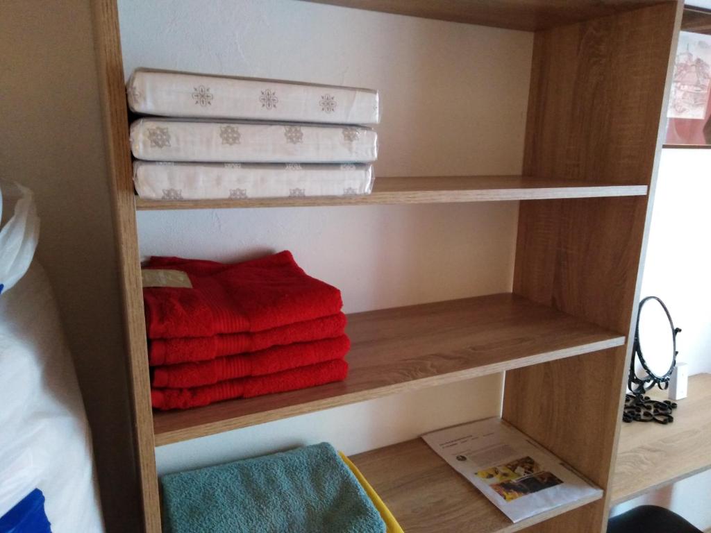 un estante de libros con toallas en un dormitorio en Suita u Toma, en Vestec