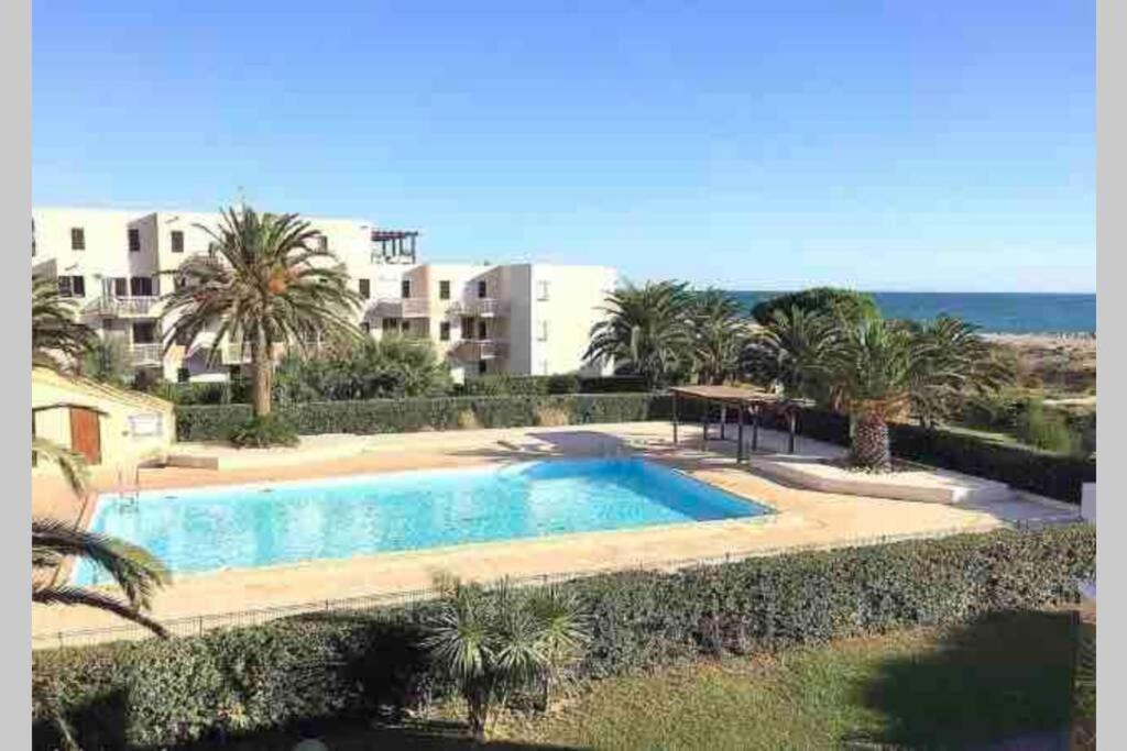 a swimming pool with palm trees in front of a building at Bord de plage avec grande piscine - Vue montagne in Saint-Cyprien