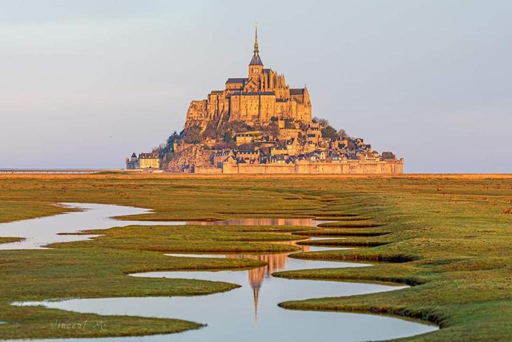 uma ilha no meio de um campo com um castelo em Gîtes d'Olbiche em Avranches