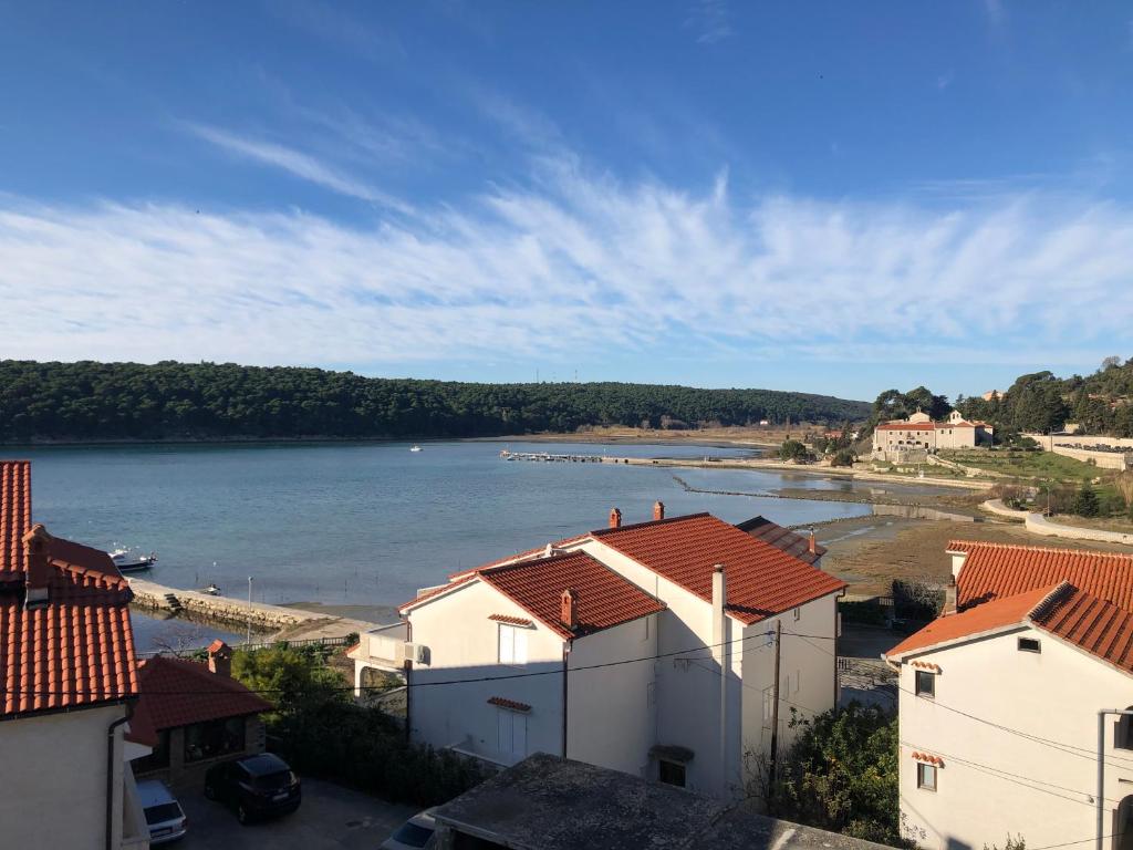 a view of a body of water with houses at Apartments Palit Rab in Rab