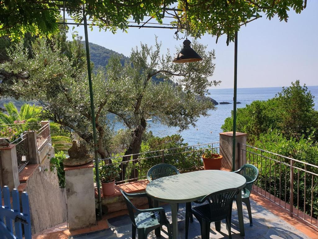 a table and chairs on a balcony with a view of the ocean at Appartamenti Villa Lina in Nisporto
