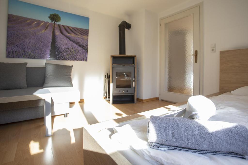 a bedroom with a bed and a living room with a couch at Cozy Old Town Apartment in Hall in Tirol