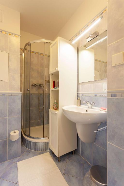 łazienka z umywalką i prysznicem w obiekcie Vitkov Park Apartment w Pradze