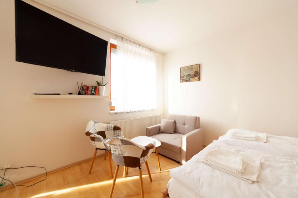 Łóżko lub łóżka w pokoju w obiekcie Vitkov Park Apartment
