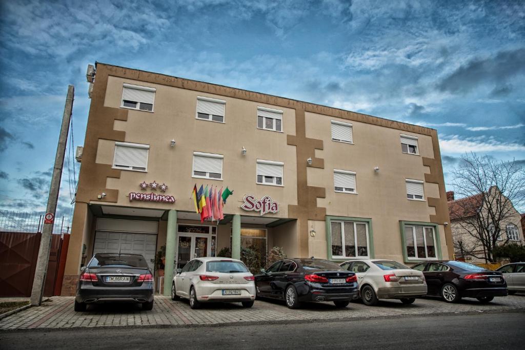 a building with cars parked in front of it at Pensiunea Sofia in Timişoara