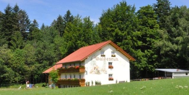 un edificio bianco con tetto rosso in un campo di Pension Waldesruh a Sankt Oswald