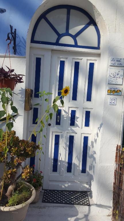 a white door with a sunflower in front of it at La Casa Sugli Archi in Ponza