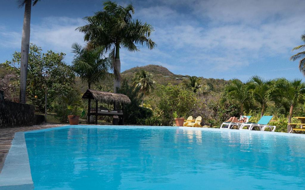 a large blue swimming pool with chairs and palm trees at Firefly Estate Bequia in Crescent Beach