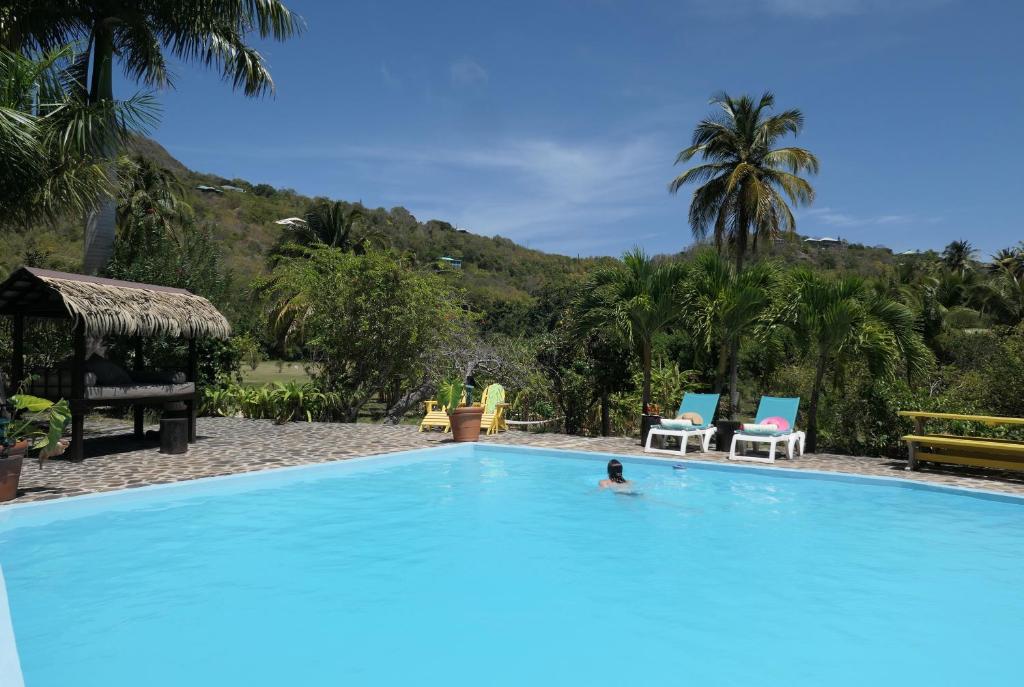 a person swimming in a large swimming pool at Firefly Estate Bequia in Crescent Beach