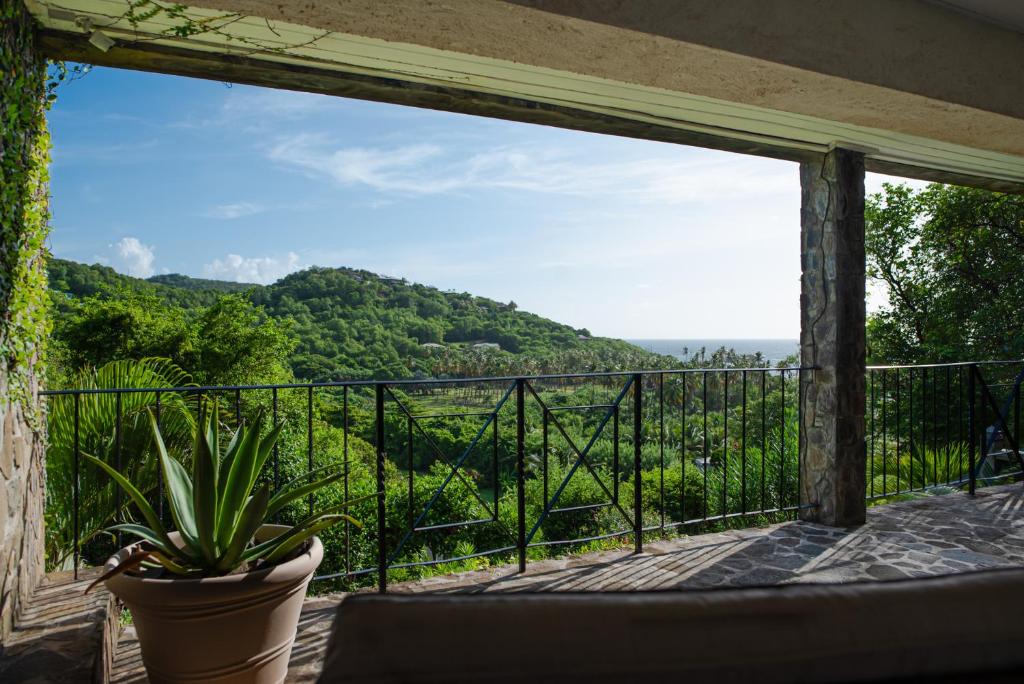 a view from the balcony of a house with a plant at Firefly Estate Bequia in Crescent Beach