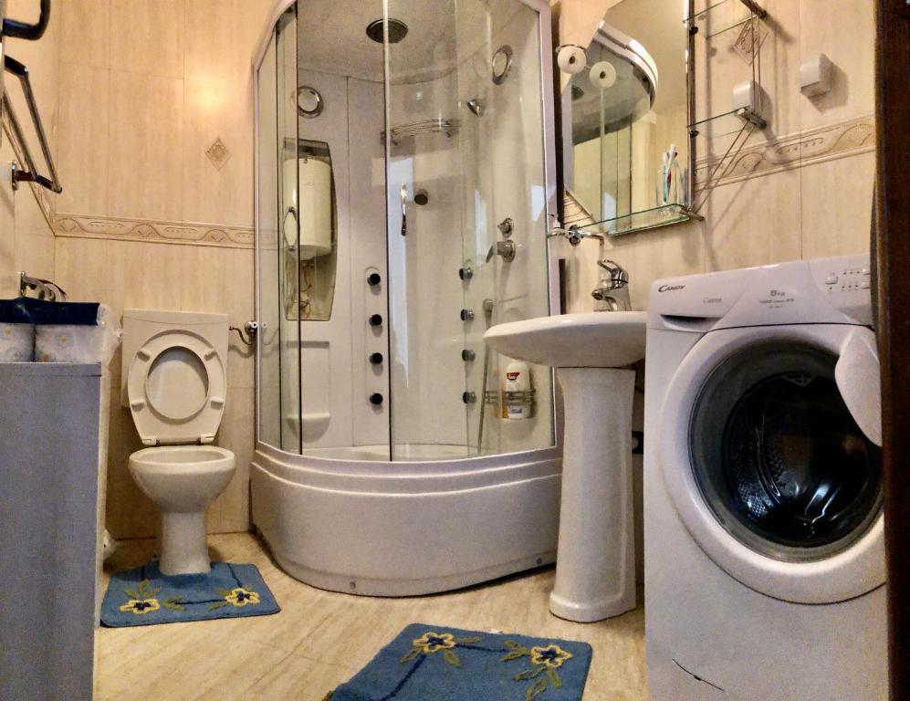 bagno con doccia, servizi igienici e lavatrice. di Zabljak centar a Žabljak