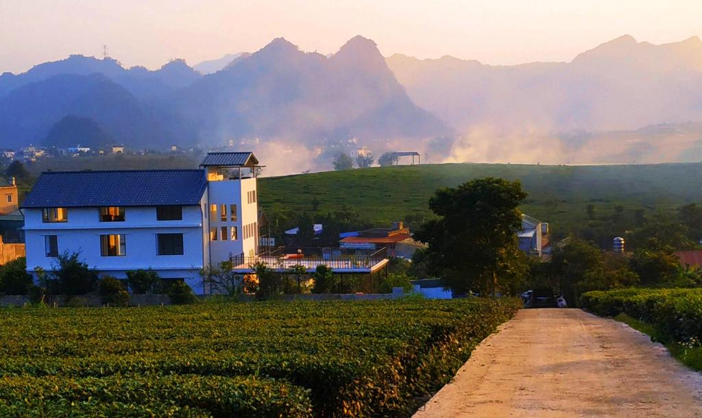 a house on a hill next to a dirt road at Moc Chau Cottage homestay in Mộc Châu