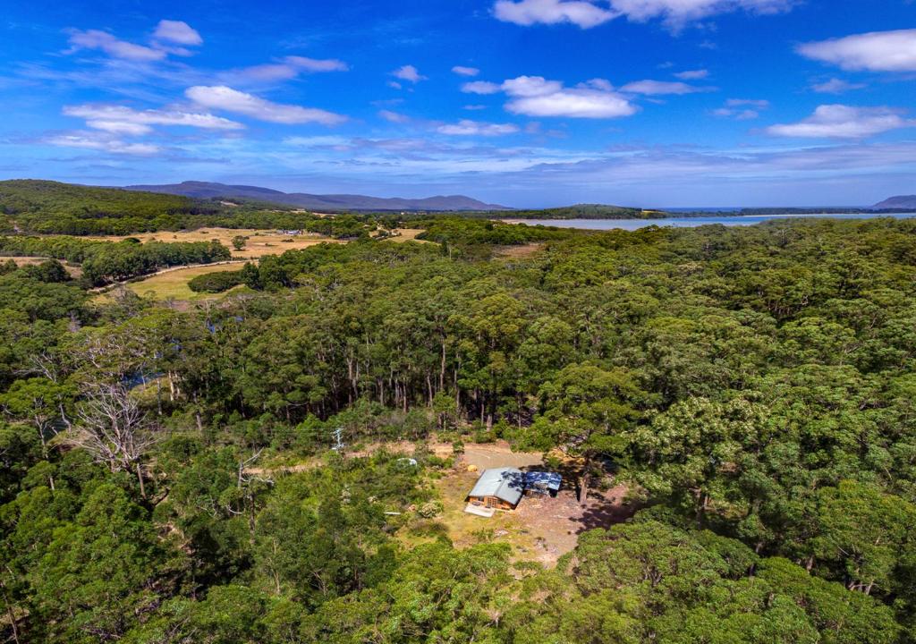 an aerial view of a camp site in the forest at Saintys Creek Cottage in South Bruny