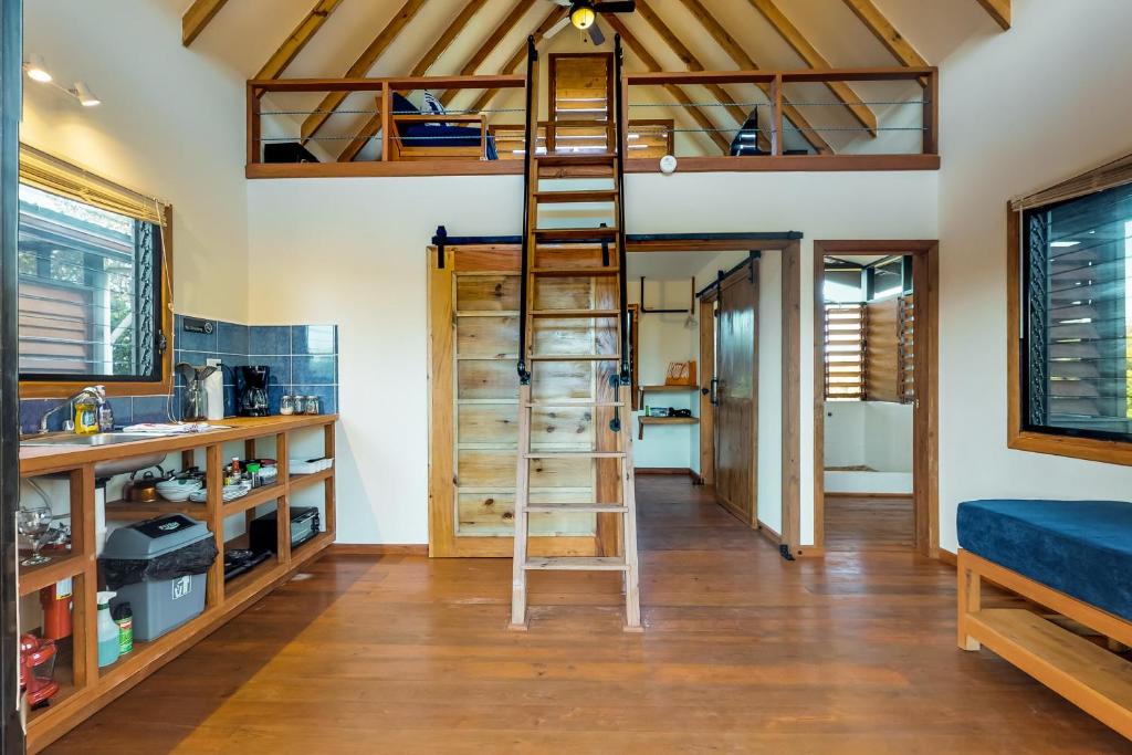 a room with a loft bed in a tiny house at Inn The Trees Cabañas in Placencia