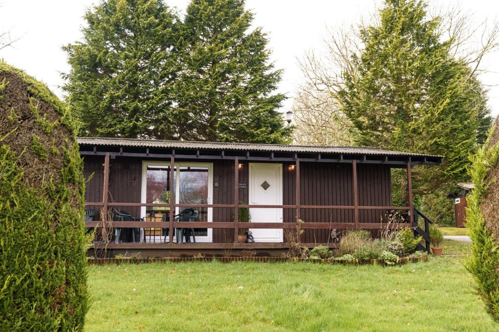 a small cabin with a porch in a yard at Bluebell Lodge set in a Beautiful 24 acre Woodland Holiday Park in Newcastle Emlyn