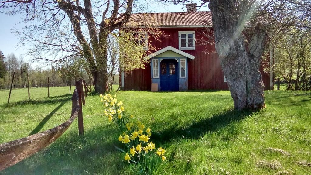 czerwony dom z niebieskimi drzwiami na polu pełnym kwiatów w obiekcie Wallas i Hylte 4, SÄVSJÖ LAMMHULT w mieście Lammhult