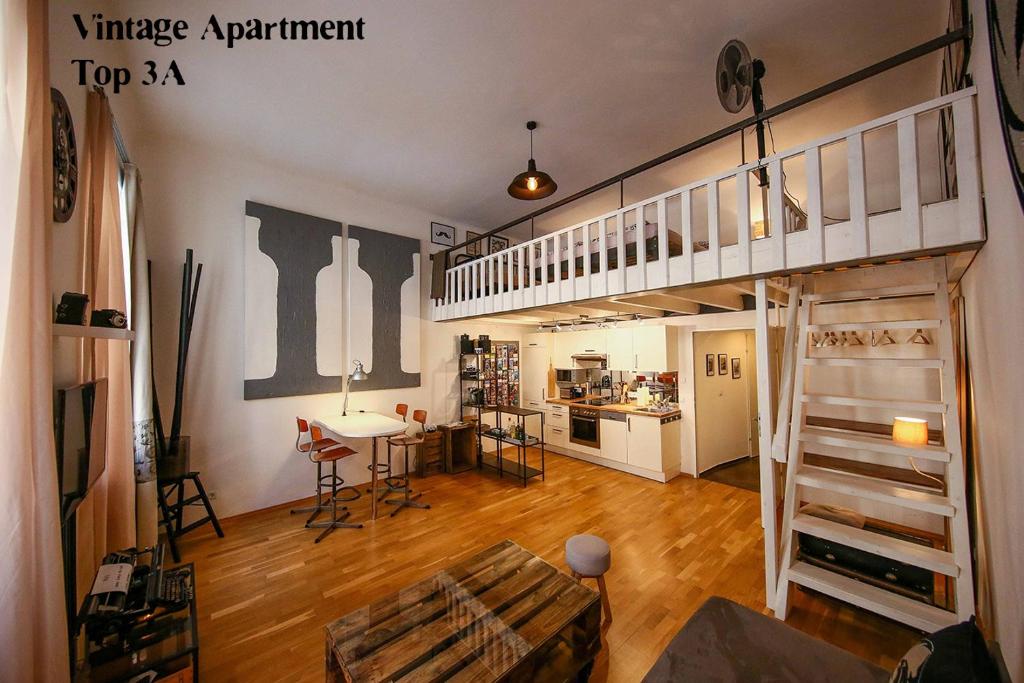 ウィーンにあるCity Apartment Viennaのリビングルーム(ロフトベッド1台付)、キッチンが備わります。