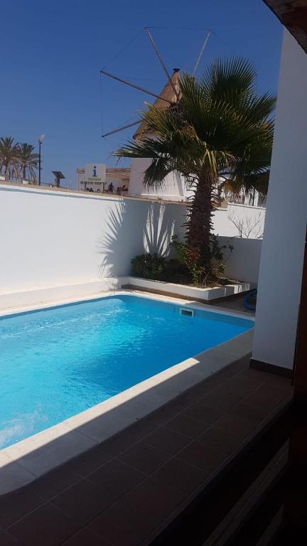 basen z palmą obok budynku w obiekcie apartamento el molino con piscina privada w mieście Las Negras
