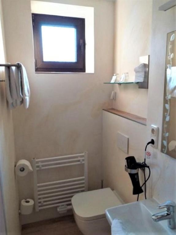 a bathroom with a toilet and a sink and a window at Pension &amp; Gasthaus Kattenstieg in Kattenstiegs-Mühle