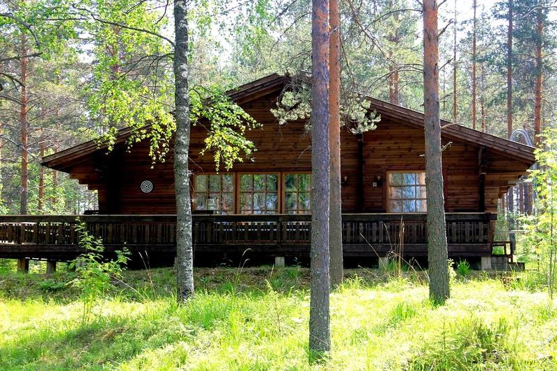 una cabaña de madera en medio de un bosque en Коттедж на берегу живописного озера, en Kerimäki