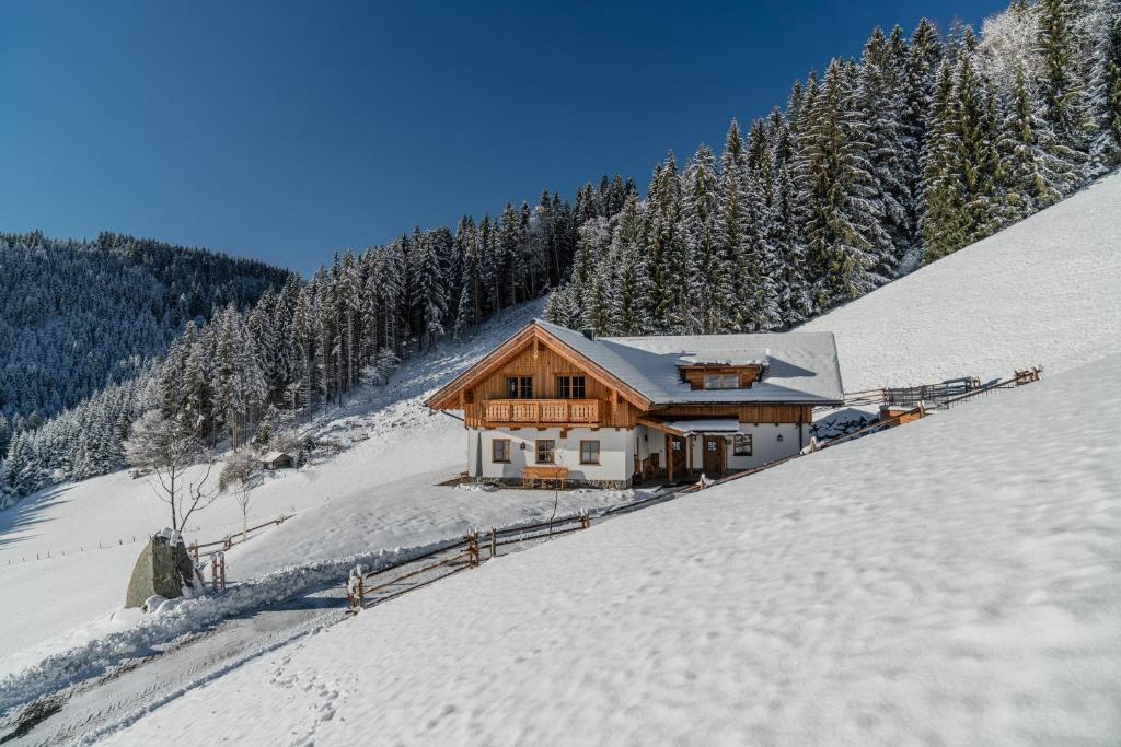 a house on top of a snow covered mountain at Almchalet Linharterhof in Haus im Ennstal