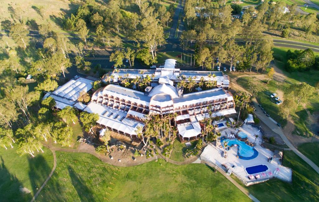 an aerial view of a large house with a swimming pool at The Kooralbyn Valley in Kooralbyn