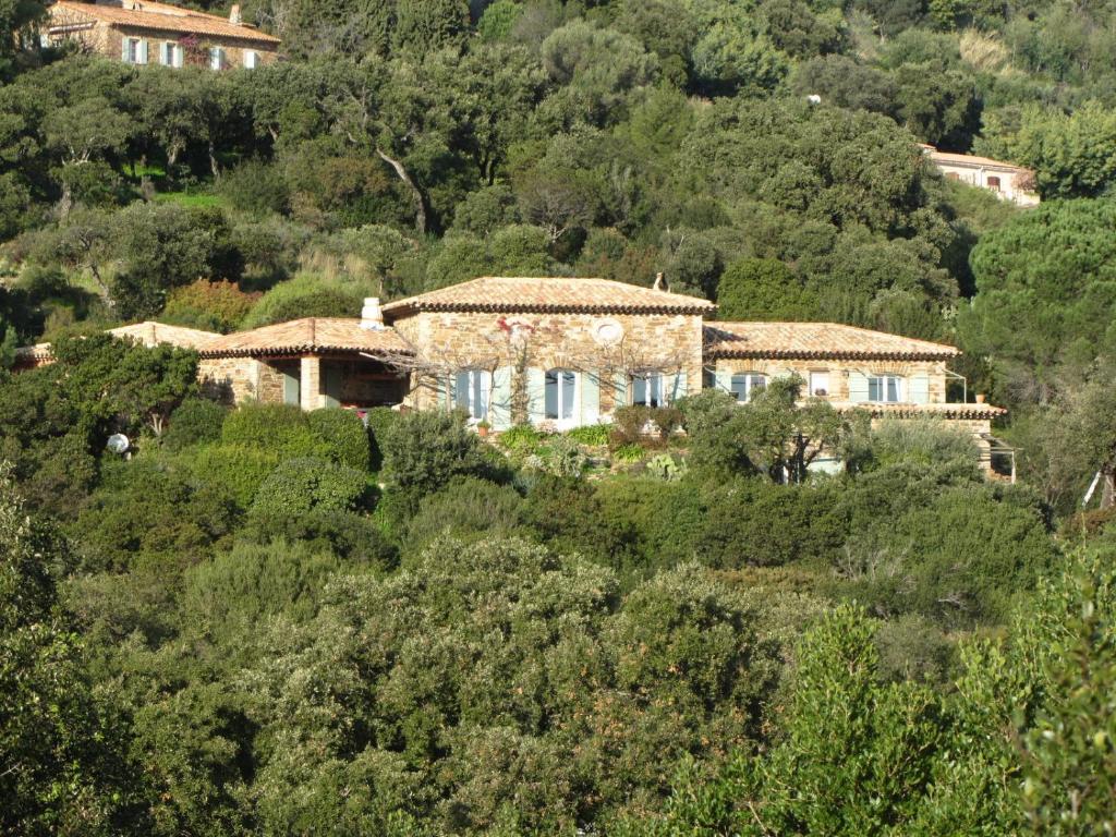 a house on the side of a hill with trees at Massacan-Vue Mer in Le Lavandou