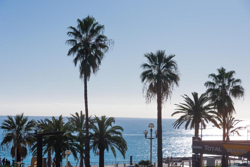 un groupe de palmiers sur une plage avec l'océan dans l'établissement Résidence Nadia NICE, à Nice