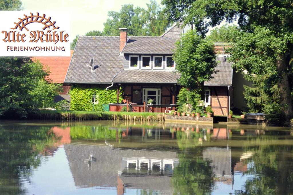 a house with a pond in front of it at Ferienwohnung „Alte Mühle“ in Bad Rodach