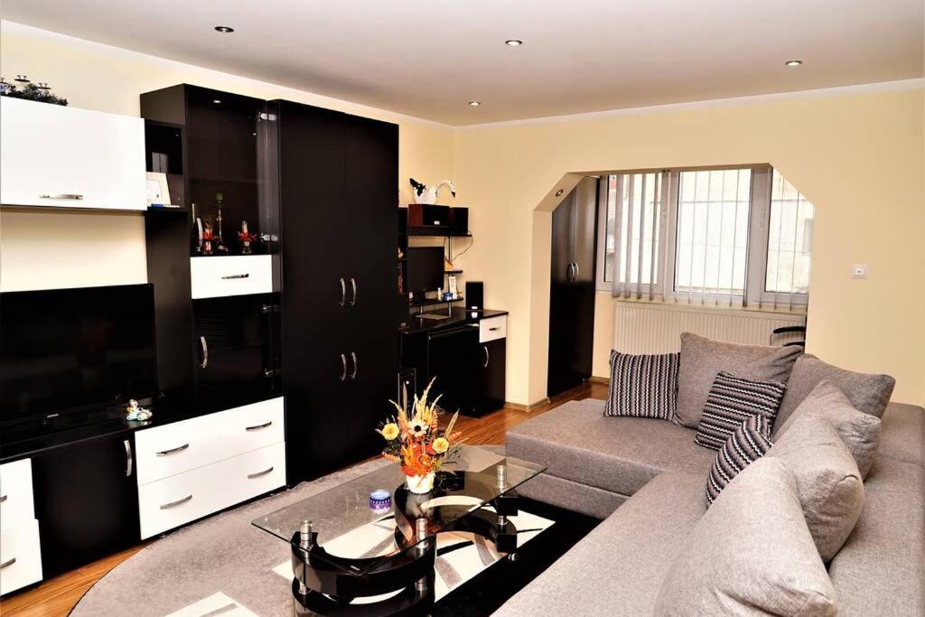 a living room with a couch and a table at Home away from home in Petrila