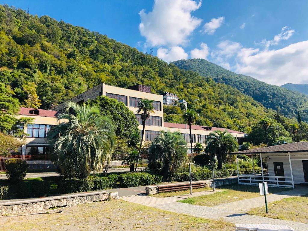 a building with palm trees in front of a mountain at Hotel Continent Gagra in Gagra