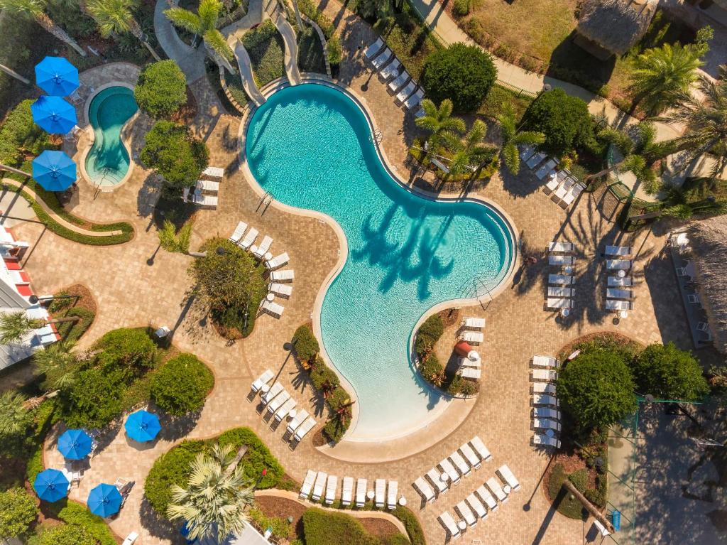 an overhead view of a pool with chairs and blue umbrellas at Holiday Inn Express & Suites S Lake Buena Vista by IHG in Kissimmee