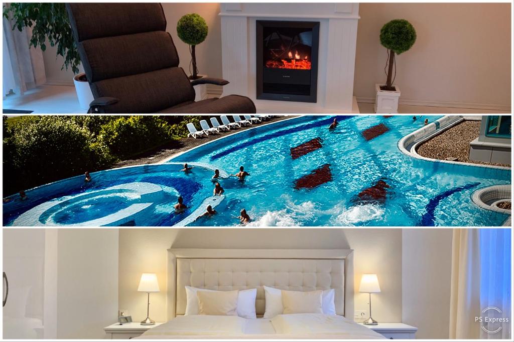 a hotel room with a swimming pool with a fireplace at Haus Heidelerche das ThermePlus-Haus in Bad Bevensen