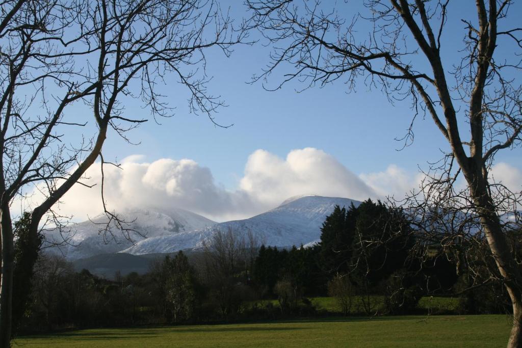 a mountain in the distance with clouds in the sky at Tuck Mill Cottage in Castlewellan