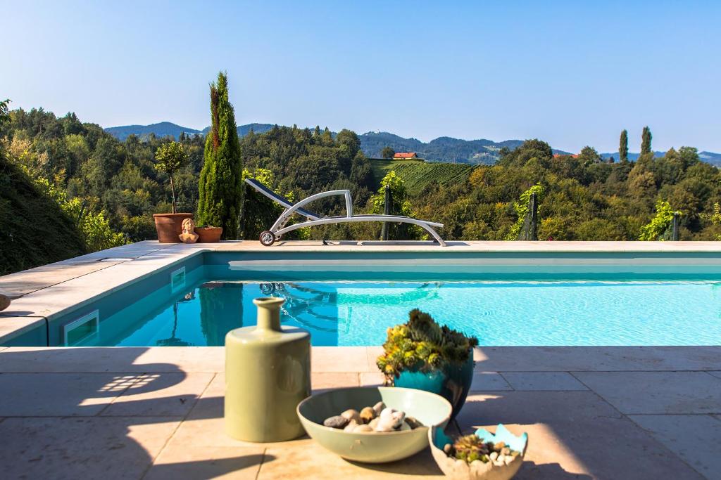 einen Pool mit einer Schüssel Blumen und einer Flasche Wein in der Unterkunft Weinhof Narat-Zitz in Leutschach